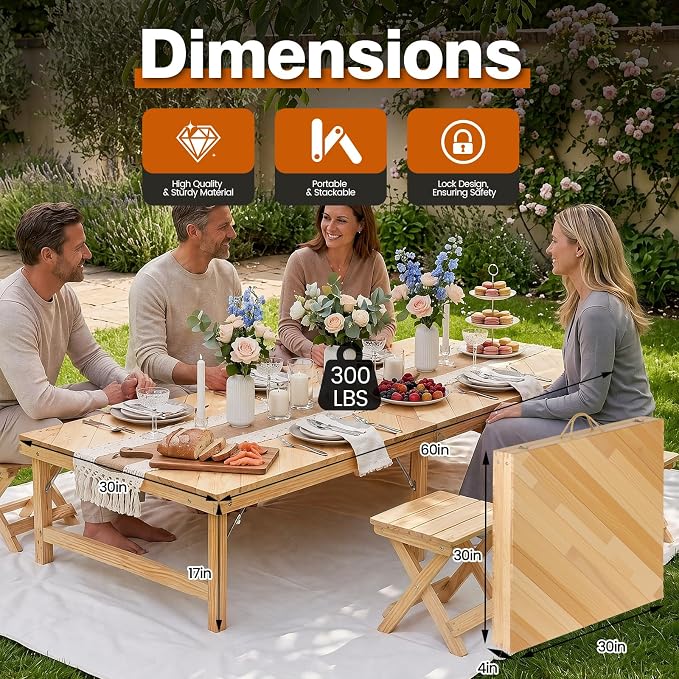 Folding Picnic Table, 5 Ft Solid Wood Low Floor Portable Picnic Table with Boho Table Runner for Indoor & Outdoor, Patio, Beach, Kids, Party, Garden, Camping, Wedding, Travel