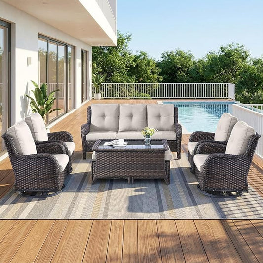 8 Piece High Back Wicker Patio Furniture Set - Patio Conversation Set with 4 Inch Thick Cushions and Deep Seating Swivel Glider Chairs Set of 4 & Outdoor Couch for Porch Deck Yard Pool