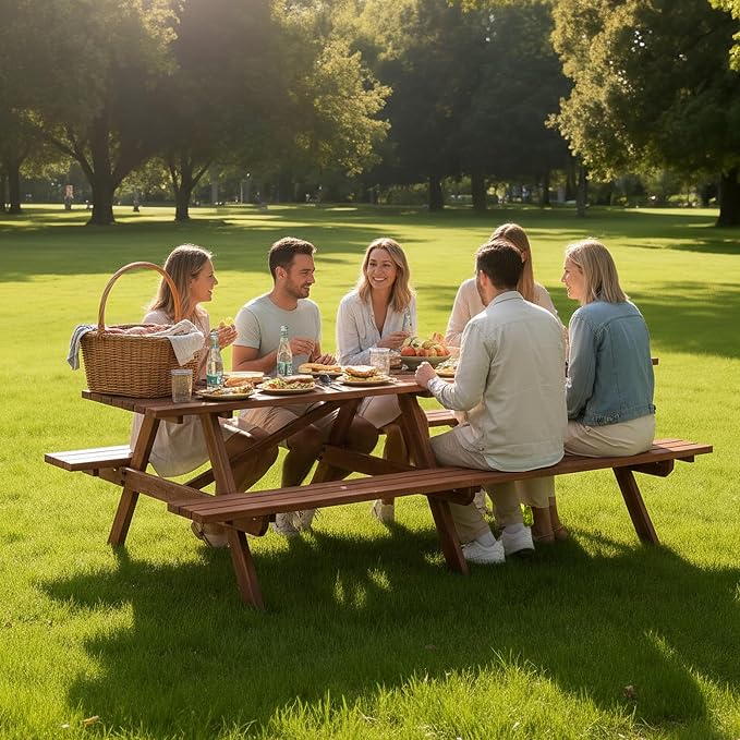 12-Person Picnic Table Set, 95-Inch Extra Large Outdoor Wooden Table with Benches & Umbrella Hole, Rustic Brown Patio Furniture for Garden, Backyard (Brown, 94.5")