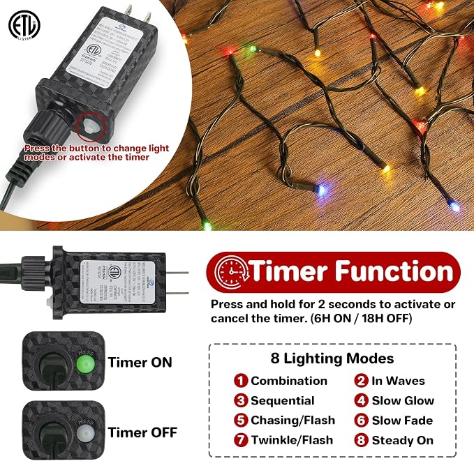 FairyGlim 100 LED Christmas String Lights, 33 FT Connectable Waterproof String Lights Green Wire with Timer Memory Function & 8 Modes, for Indoor Outdoor Xmas Trees Party Garden, 33 FT Multicolor