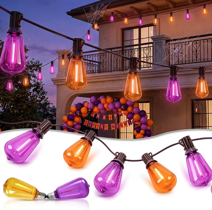 25ft Halloween String Lights Outdoor, ST38 Orange Purple LED Shatterproof Light Bulbs, Waterproof Dimmable Hanging Lights for Yard Patio Decor