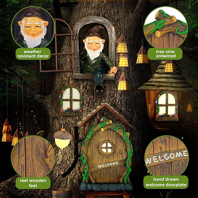 7 Pcs Fairy Garden Accessories Tree Hugger Gnome Statue Tree Faces | Fairy Door Window Set Dwarf Elf Landscape Figurine Out The Door Resin Sculpture Hanging Decor for Trees Outdoor Decor