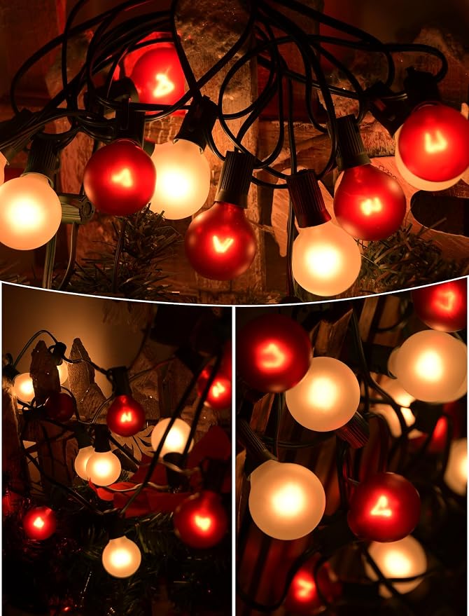 SUNSGNE G40 Frosted Red and White Christmas Lights, 25FT Christmas Round Lights with 25 Frosted Red and White Globe Bulbs for Outdoor Indoor Xmas Pergola Gazebo Patio Yard Decorations