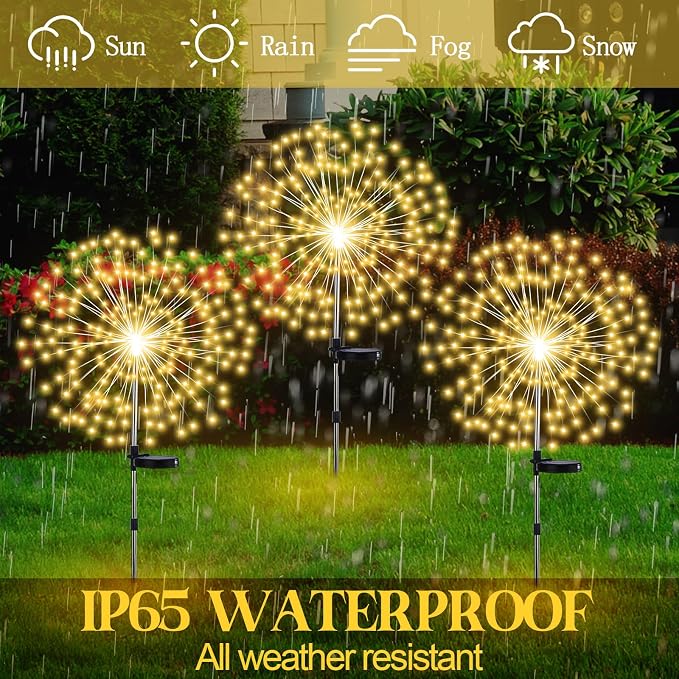 Tujoe 4 Pack Halloween Outdoor Garden Decoration Solar Firework Lights | 200 LED Solar Firework Lights, 8 Lighting Modes, 32" to 51" Height, Outdoor Garden Yard Pathway Party Decoration, Warm