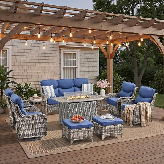Luxury Patio Furniture Set with 42.5" Fire Pit Table, 10 Pieces High Back All Weather Wicker Outdoor Furniture w/ 6-Inch Thick Cushions, Patio Swivel Chairs Couch for Deck Balcony Backyard Grey/Blue