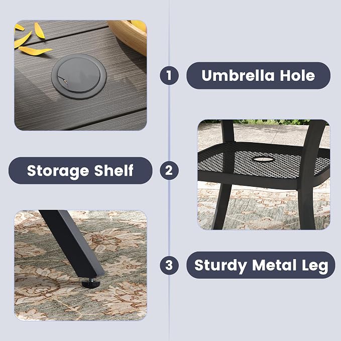 VICLLAX Outdoor Patio Dining Table for 4, Square Patio Table with Umbrella Hole for Patio Lawn Deck Backyard, Antique Grey Tabletop