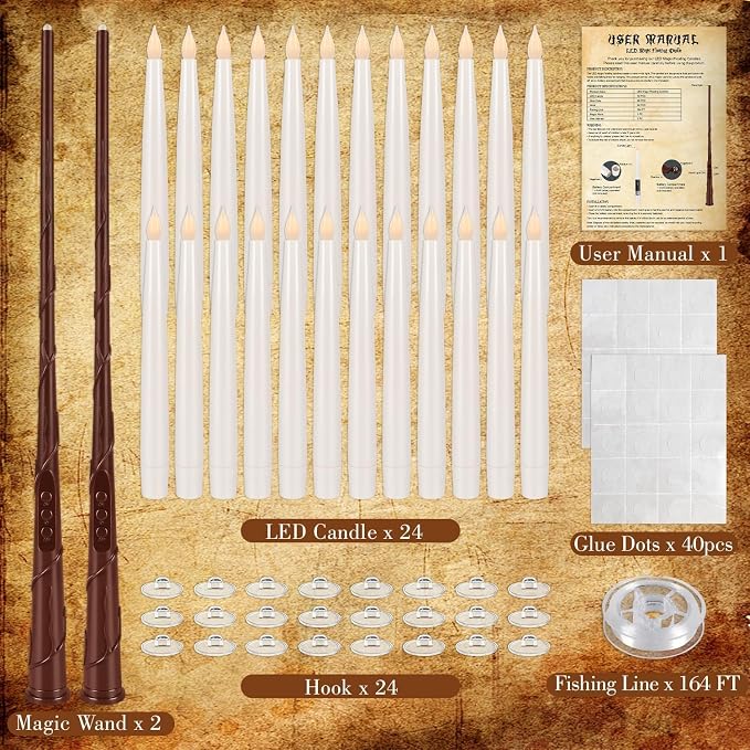YOROXRG 24 Pack Halloween LED Magic Hanging Floating Candles, Taper Flickering Flameless with 2 Magic Wands - Candle Set for Halloween, Christmas, Weddings, Birthdays & Fantasy Ambiance...