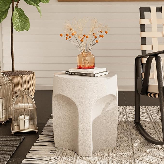 COSIEST Set of 2 Concrete Side Table Drum Shape, 2 Pieces Outdoor Side Table, Patio Accent Cement End Tables, Plant Stand Garden Decorative Stool, Spotted White