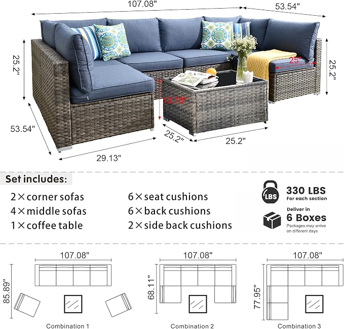 HOOOWOOO Patio Outdoor Sectional Furniture Sofa Set,7 Piece U Shaped Corner Wicker Rattan Couch Set,Rustic 6 Persons Summer Patio Conversation Set for Outside Porch Deck Garden(Denim Blue)