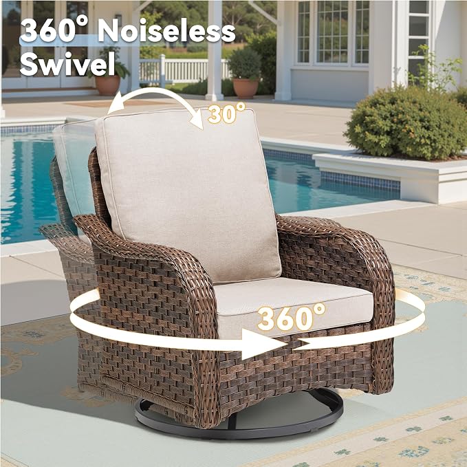 7 PCS Patio Furniture Set, Outdoor Wicker Sofa & 4 Swivel Rocking Chairs with 2 Ottomans, 4-Inch Thick Olefin Cushions, 300 lbs Capacity Rattan Conversation Set for Porch, Beige