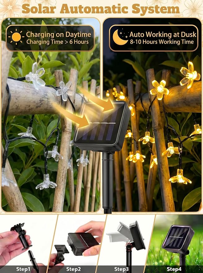 ITICdecor 2 Pack 50 LED Solar String Lights Outdoor Waterproof Flower Solar Lights for Garden Yard Fence Patio Christmas Tree Wedding Party Decor(Warm White)