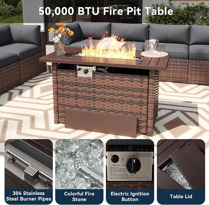 LazySunsets 8 Piece Outdoor Patio Furniture Set with 44'' Fire Pit Table, Outdoor Patio Furniture Set with 4'' Thicken Cushion, Wicker Rattan Outdoor Conversation Set for Backyard & Garden, Grey