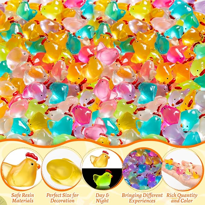 128PCS Luminous Mini Resin Chickens Tiny Chickens for Micro Garden | Miniature Chickens Animals Figurines Glow in The Dark, Micro Landscape DIY, Home Outdoor Party Decor