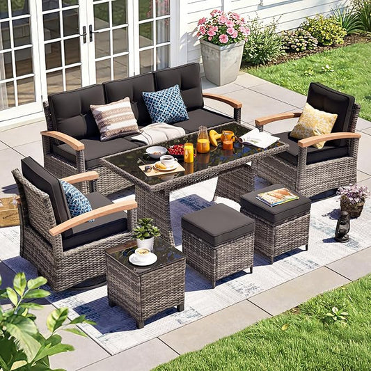 MEISSALIVVE 7 Pieces Patio Furniture Sets, PE Wicker Outdoor Conversation Sets with 2 Wood Armrests Swivel Rocker Chairs, 2 Ottomans, 3-seat Sofa and Dining Table (Black)