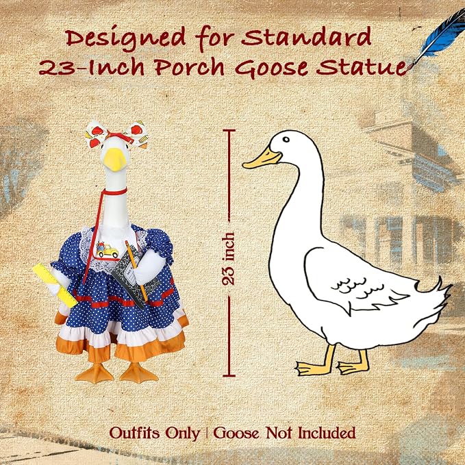 Back to School Porch Goose Outfit for 23" Plastic/Cement Porch Goose Statue | School-inspired Retro Polka Dot Dress with Pencil, Notebook, Ruler, Ideal for School Outdoor Garden, Yard, Patio, Porch Decor