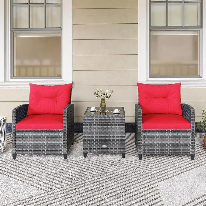 LDAILY Patio Furniture Set, 3 Pieces PE Rattan Wicker Patio Sofa Chairs with Washable Cushion & Glass Table, Outdoor Furniture Conversation Sets for Porch, Balcony, Garden, Poolside (Red)