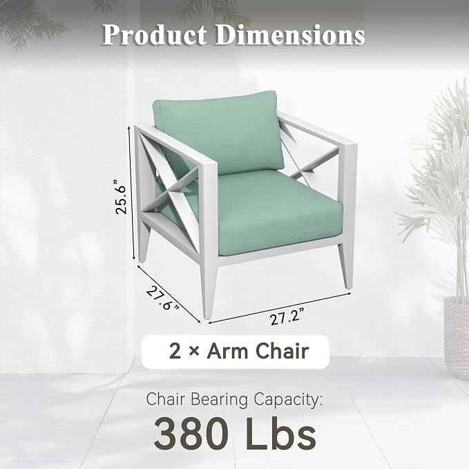 2 Piece Aluminum Patio Furniture Set, Modern Outdoor Patio Conversation Sets with Ergonomic Armhairs, 6" Thick Washable Cushions for Balcony, Porch, Backyard,White