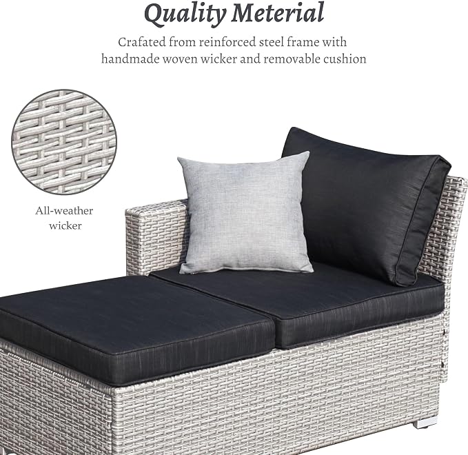 Suntone 3 Pieces Patio Furniture Sets Outdoor Sectional Patio Sofa All-Weather Grey Wicker Sofa Small Patio Conversation Set Patio Couch with Washable Black Cushion and Glass Table