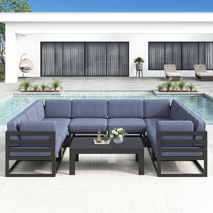 LayinSun Large Aluminum Patio Furniture Set, 9 Pieces Modern Outdoor Conversation Set Sectional Metal Sofa Set with Olefin Cushion