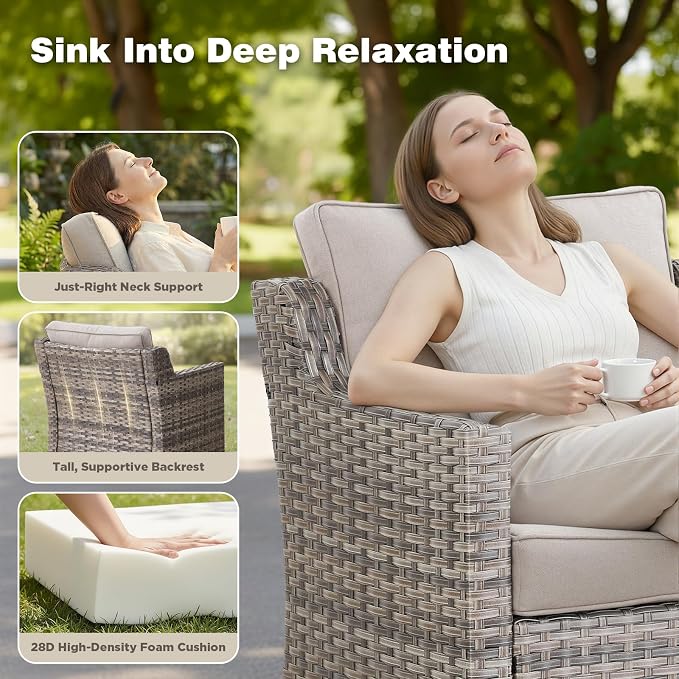 Belord Patio Wicker Swivel Rocker Patio Chairs with 3-Seater Sofa, Outdoor Rattan Chairs for Deck Porch Poolside, 6 Piece Luxury Patio Furniture Set, Beige