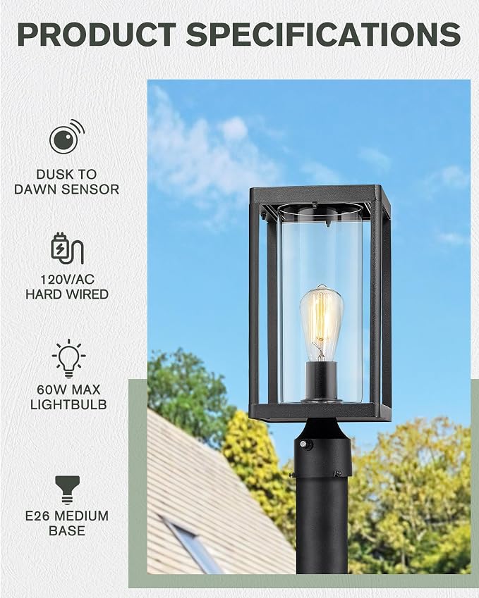 Beionxii Dusk to Dawn Outdoor Post Light,Waterproof Lamp Post Light Fixture | Anti-Rust Aluminum Lamp Posts Outdoor Lighting with Clear Glass for Coastal Pillars,Garden,Patio,Hardwired 120V,A291P-1PK/S-N