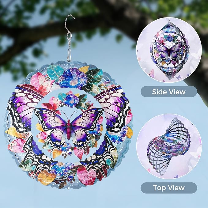 Butterfly Wind Spinners Outdoor, 12 Inch Laser-Cut Stainless Steel Metal Wind Spinners, 3D Kinetic Hanging Sculpture, Metal Yard Art, Garden Decor, Butterfly Gifts for Women, Men, Mom, Grandma