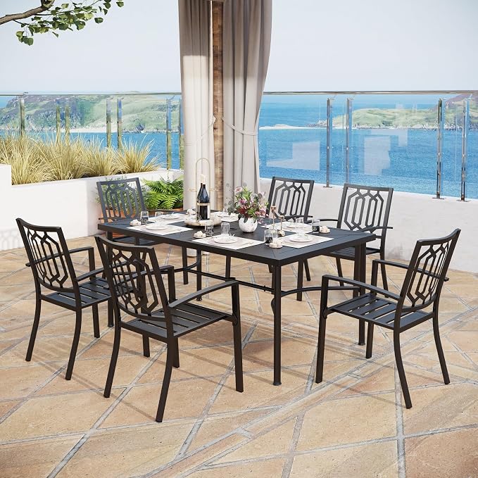 MFSTUDIO Outdoor Dining Set for 6, Metal Patio Table and Chairs Set with Umbrella Hole, 7 Piece Outdoor Patio Furniture Set for Deck Backyard Poolside Garden