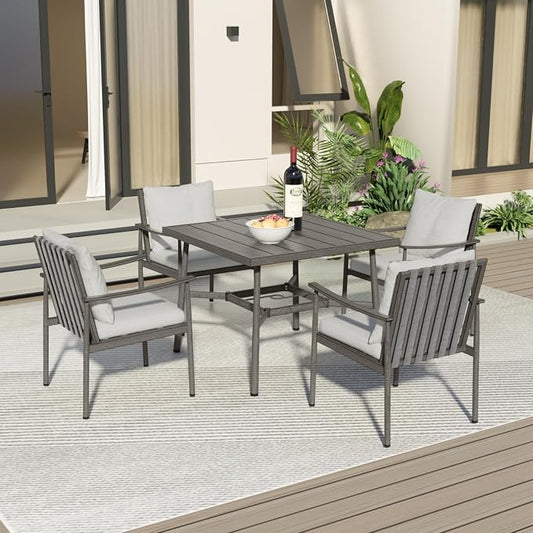 5-Piece Outdoor Dining Set for 4, Aluminum Patio Dining Set with Cushions, 4 Dining Chairs with Rope Backrest, Square Table with Umbrella Hole, Patio Dining Set for Lawn Porch Backyard,Grey