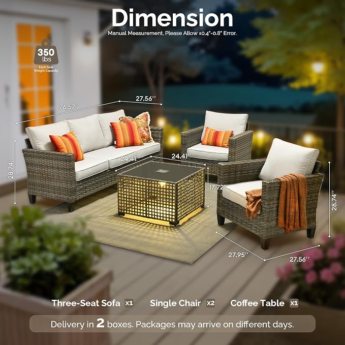 4 Piece Wicker Patio Furniture Set with Solar Table, Gray | Outdoor Deep Seating Sofa Chair, Solar Lights Table, All Weather Rattan, Modern Conversation Set, Porch Deck Backyard