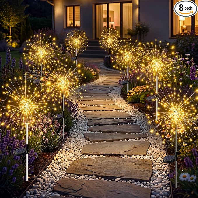 btfarm 8 Pack Solar Garden Lights Outdoor, 8 Modes Firework Lights Outside | 120LED, Waterproof Fairy Twinkle Light Solar Powered for Yard Christmas Pathway Lawn Pool Patio Decorative, Warm White
