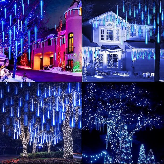 Meteor Shower Lights Outdoor, 16 Inches 16 Tubes 576 LED Icicle Lights, Waterproof Meteor Christmas Light Outdoor, Hanging Falling Rain Light for Tree Bushes Holiday Party Christmas Decor, Blue