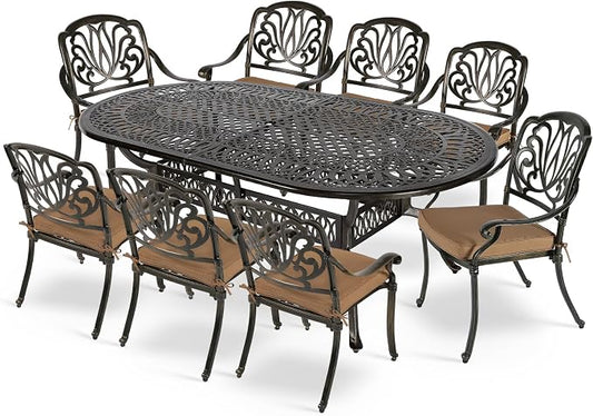 MEETWARM 9-Piece Outdoor Patio Dining Set- 8 Outdoor Dining Cushioned Chairs and 1 Oval Table with 2" Umbrella Hole, All Weather Cast Aluminum Patio Funiture Set for Backyard, Patio, Garden
