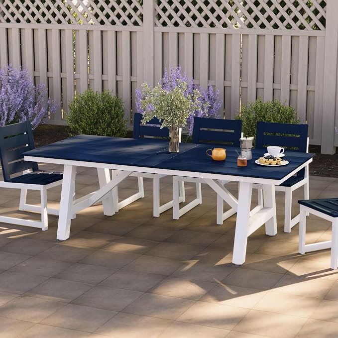 WestinTrends Cape May 90" HDPE Rectangle Outdoor Patio Dining Table with Umbrella Hole and Metal Frame, Navy Blue