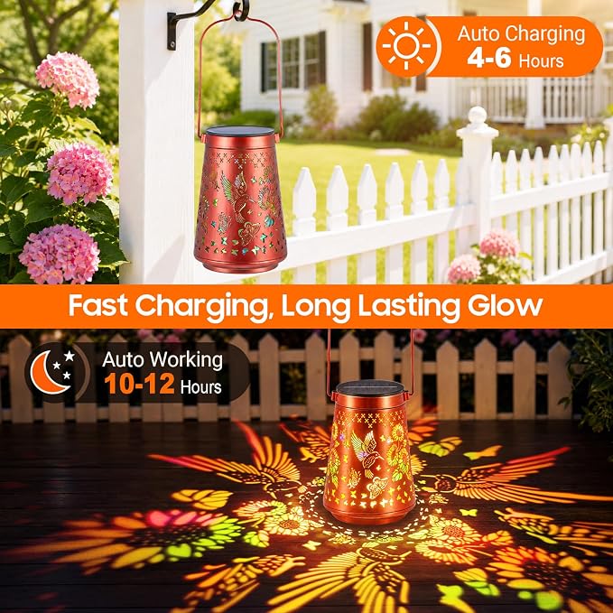 4 Pack Solar Lanterns Outdoor Waterproof Birthday Gifts for Women Mom | Colorful Hollow Metal Sunflowers Butterflies Hummingbirds Lantern, 2 Modes Hanging Solar Lights for Gardens, Patios Decor