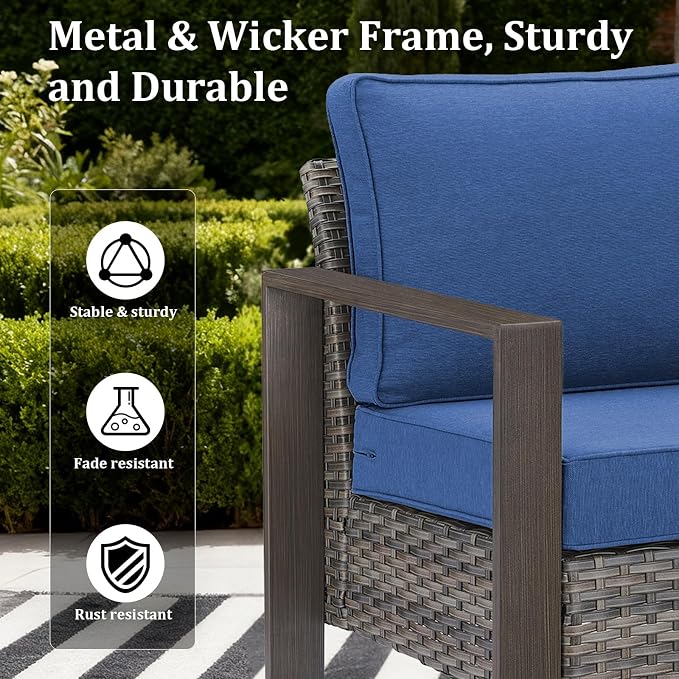 Patio Furniture Set with Fire Pit Table, 6-Piece Outdoor Wicker Sofa and Swivel Chairs, All-Weather Conversation Set for Backyard, Deck and Poolside, Grey/Blue