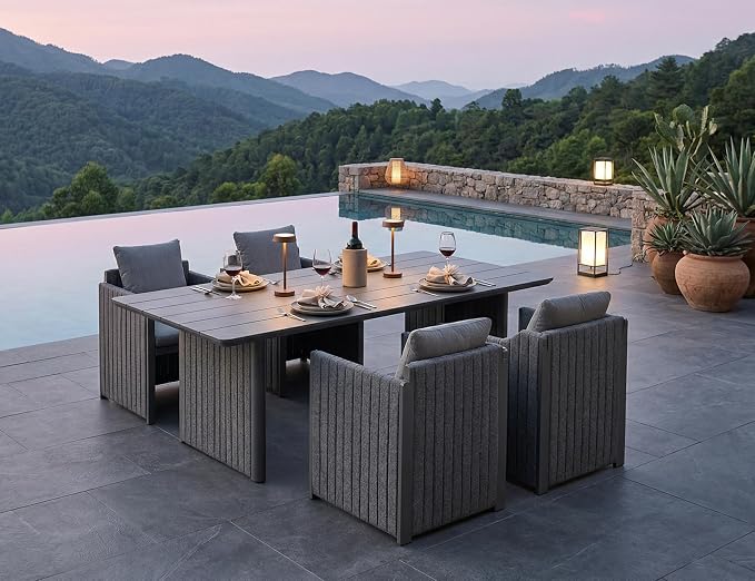 PURPLE LEAF 5 Pieces Patio Dining Set All-Weather Modern Outdoor Rectangular Aluminum Dining Table and Chairs with Olefin Cushions Pillows for Garden Backyard Kitchen Grey