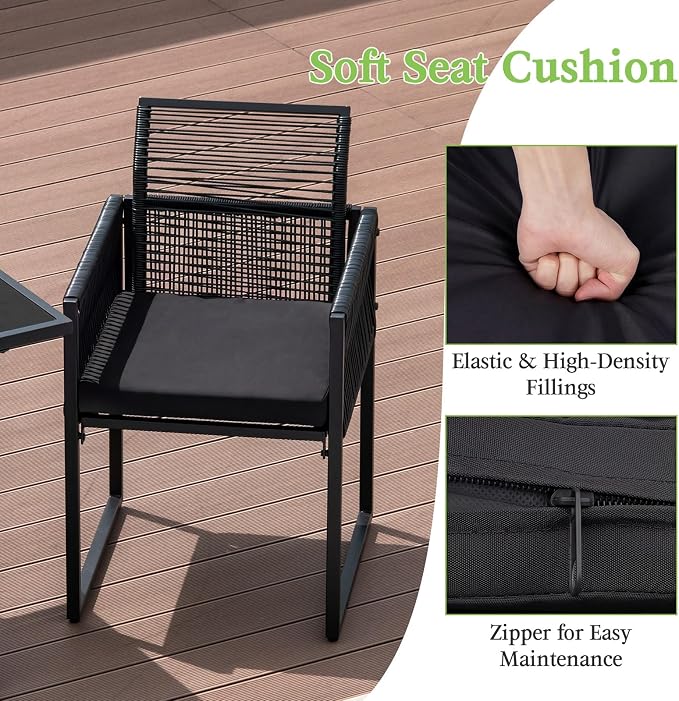 Tangkula 3 Pieces Outdoor Dining Set, PE Rattan Patio Furniture Set with Folding Backrest, Cozy Seat Cushions, Tempered Glass Tabletop, Space-Saving Bistro Table and Chairs Set of 2 for Backyard Pool