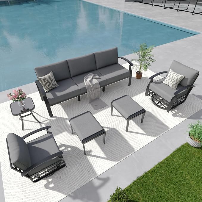 Aluminum Outdoor Patio Furniture Set,5 Seats Patio Conversation Sets with 2 Ottomans,Metal Patio Sectional Furniture Set with 2 Swivel Rocking Chairs,Grey