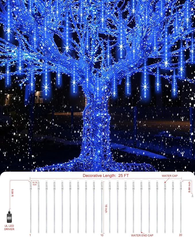 Blue Christmas Rain Lights Outdoor, 20" 20 Tubes 1080 LEDs | UL Listed Meteor Shower Lights Waterproof Cascading Falling Icicle String Lights for Xmas Tree Yard Halloween Wedding Party