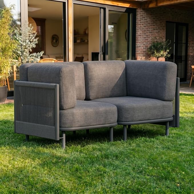 LayinSun 2 Pieces Patio Furniture Set, Modern Outdoor Modular Sectional Conversation Set L-Shaped Sofa with 7-inch Cushion for Garden Backyard Deck