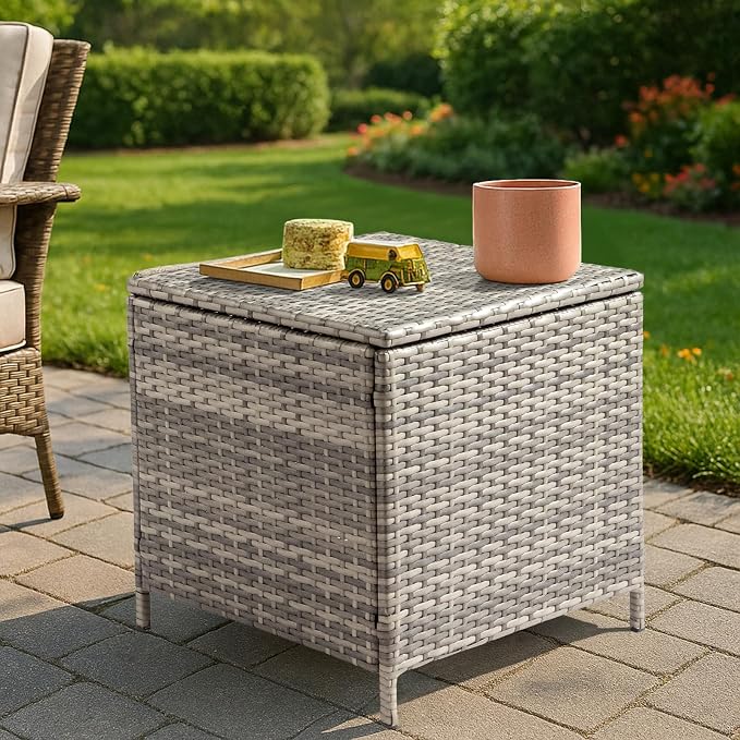 Wicker Rattan Side Table, Outdoor Wicker Storage Side Table, Patio Grey PE Rattan End Table with Storage, Square Container for Furniture Covers, and Gardening Tools,Grey