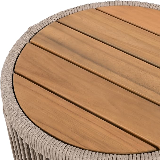 Outdoor Rattan Rope & Acacia Wood Side Table - Patio Balcony Furniture for Garden, Yard, Balcony - Weather Resistant(Rope Beige, Natural Iron)