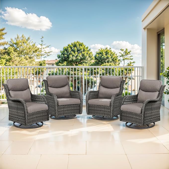 Outdoor Swivel Rocker Patio Chairs Set of 4-5" Thick Cushion 4 Piece Furniture Set All Weather Comfortable Wicker Conversation Set for Porch Poolside and Deck - Gray/Gray