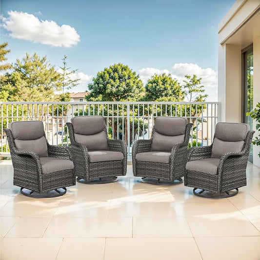 Outdoor Swivel Rocker Patio Chairs Set of 4-5" Thick Cushion 4 Piece Furniture Set All Weather Comfortable Wicker Conversation Set for Porch Poolside and Deck - Gray/Gray