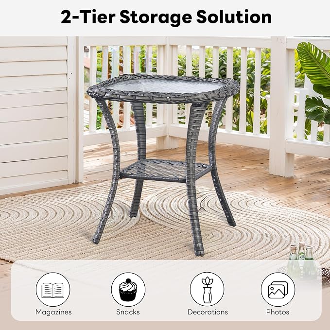Belord Rattan Patio Side Table, 2 Tier Hand Woven Wicker Bistro Table, 5 mm Frost Glass Top Square Table, Grey Wicker