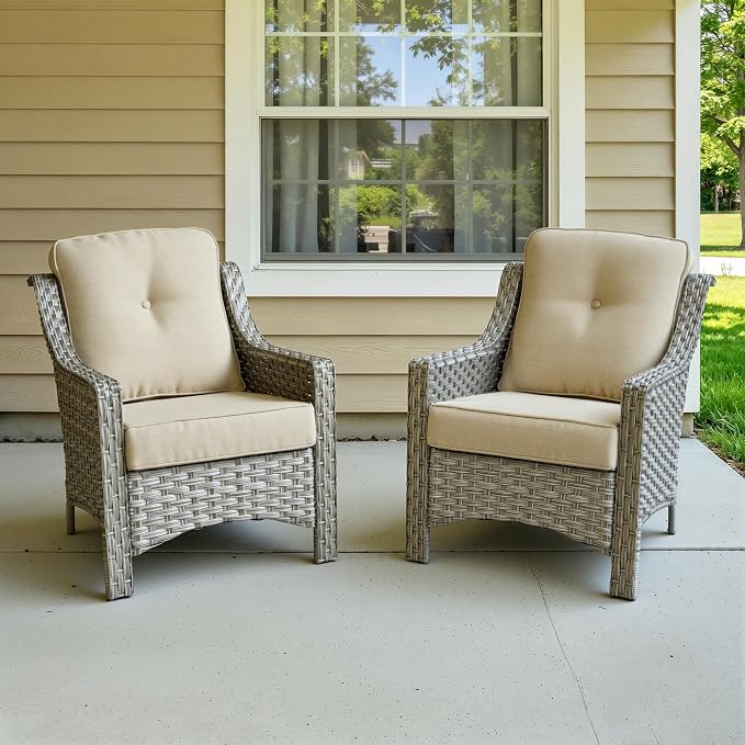 2 Piece Patio Furniture Set, Outdoor Wicker Chairs Set of 2 with Thick Cushion, Heavy Duty High Back Comfortable Chair for Small Balcony Porch Garden, Beige