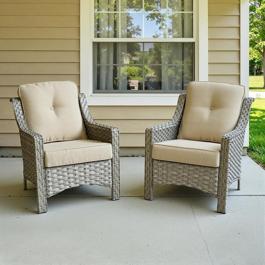 2 Piece Patio Furniture Set, Outdoor Wicker Chairs Set of 2 with Thick Cushion, Heavy Duty High Back Comfortable Chair for Small Balcony Porch Garden, Beige