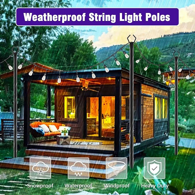 Beizelte 4 Pack 10Ft String Light Poles,Light Poles for Outside Lights with Fork,Outdoor Brackets Hanging Lights,Metal Stand for Deck Patio,Backyard,Wedding,Deck,Party