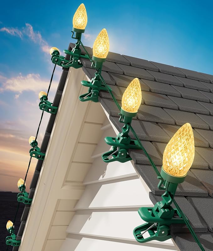 C9 Christmas Lights Outdoor, 102FT 150 LED String Lights with Spring Clips | Waterproof Connectable Commercial Grade Christmas Tree Lights for Outside Roofline Patio Yard Home Xmas Decor, Warm White
