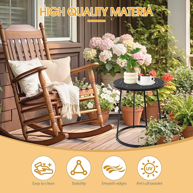 Vercraft Small Outdoor Side Table, 14" Patio Side Tables with Flower Cut Outs Weather Resistant Metal Outdoor End Table for Patio Outside Porch Balconies Garden(Black,Daisy)